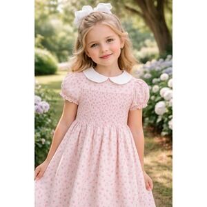 Janie and Jack Girls Dress 5 Pink Floral Smocked Peter Pan Collar Easter Party